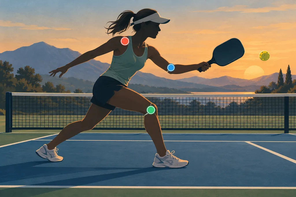 Silhouette de joueur de pickleball avec le genou, le coude et l'épaule mis en évidence par des cercles discrets.