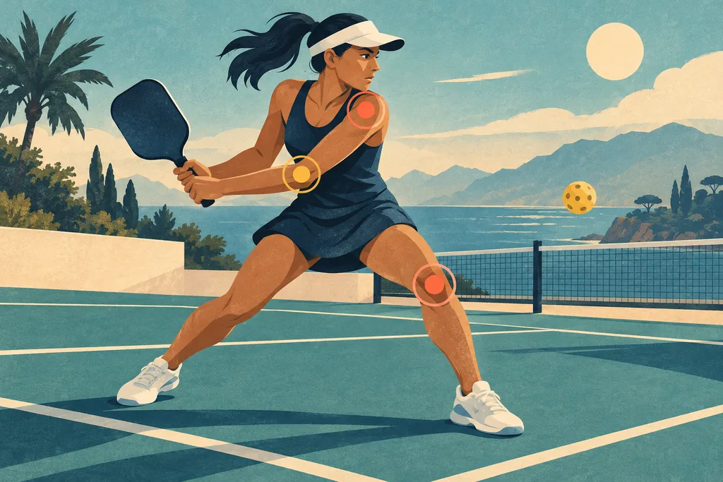 Silhouette de joueur de pickleball avec le genou, le coude et l'épaule mis en évidence par des cercles discrets.